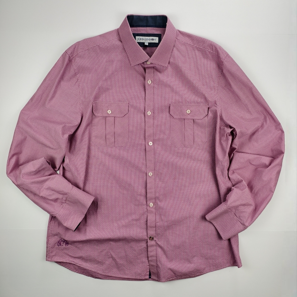 John LennonMens XXL Red Check Button-Down Shirt Signature Peace Button Embroide